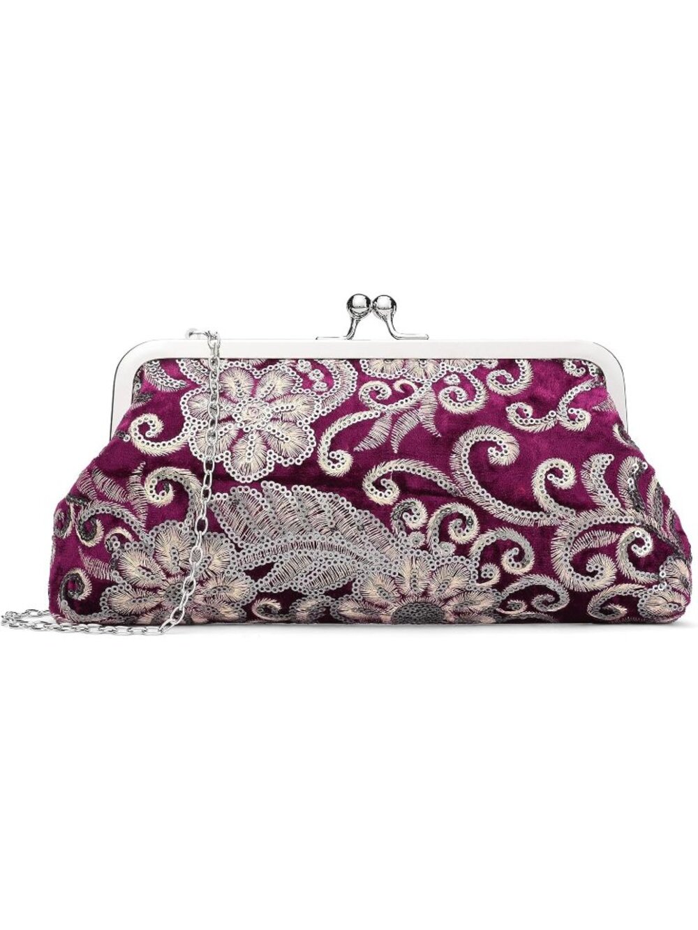 Women's Burgundy Clutch Purse Elegant Floral Embroidery Sequin Evening Bags